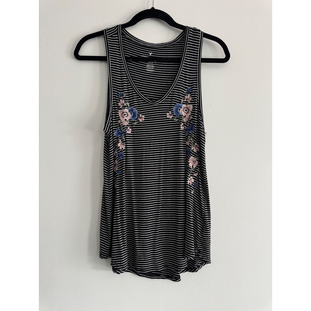 American Eagle Floral Embroidered Striped Tank Top Womens Medium Blackβ White